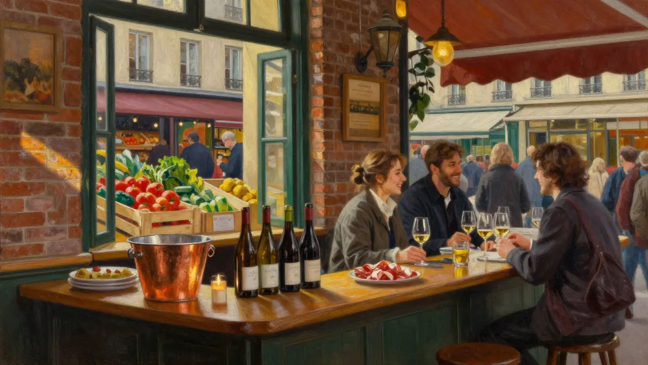 A cozy wine bar inside a bustling Paris market, with locals enjoying natural wine and charcuterie by the window.