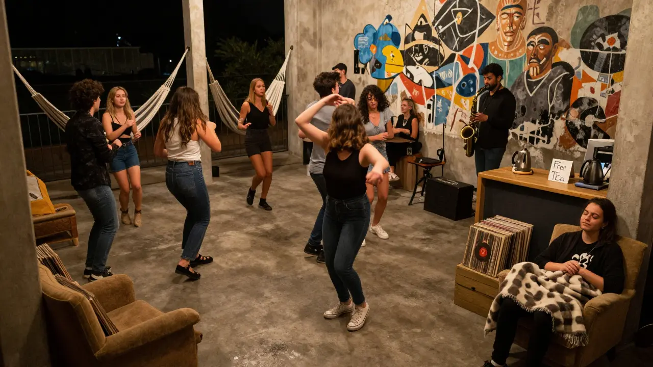 A diverse crowd dancing in a raw, intimate space with hammocks, vinyl records, and a free tea counter, no phones or VIP sections.