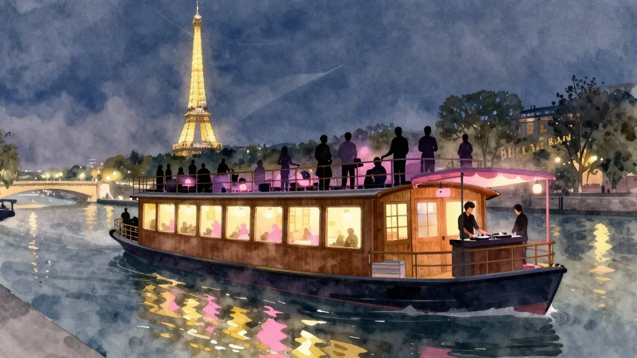 A floating nightclub on the Seine with guests on the rooftop enjoying views of the Eiffel Tower under soft night lights.