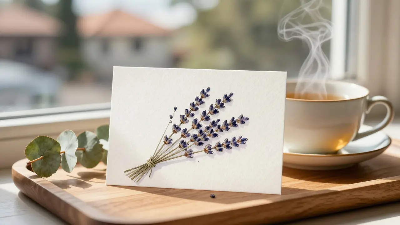 A gift card surrounded by lavender and eucalyptus, with tea steaming in a ceramic cup.