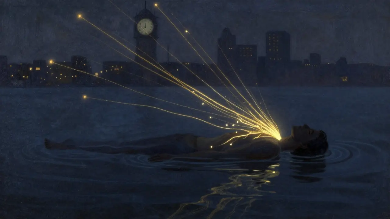 A golden-lit human silhouette releasing tension as glowing threads dissolve into darkness, symbolizing deep relaxation after a massage.