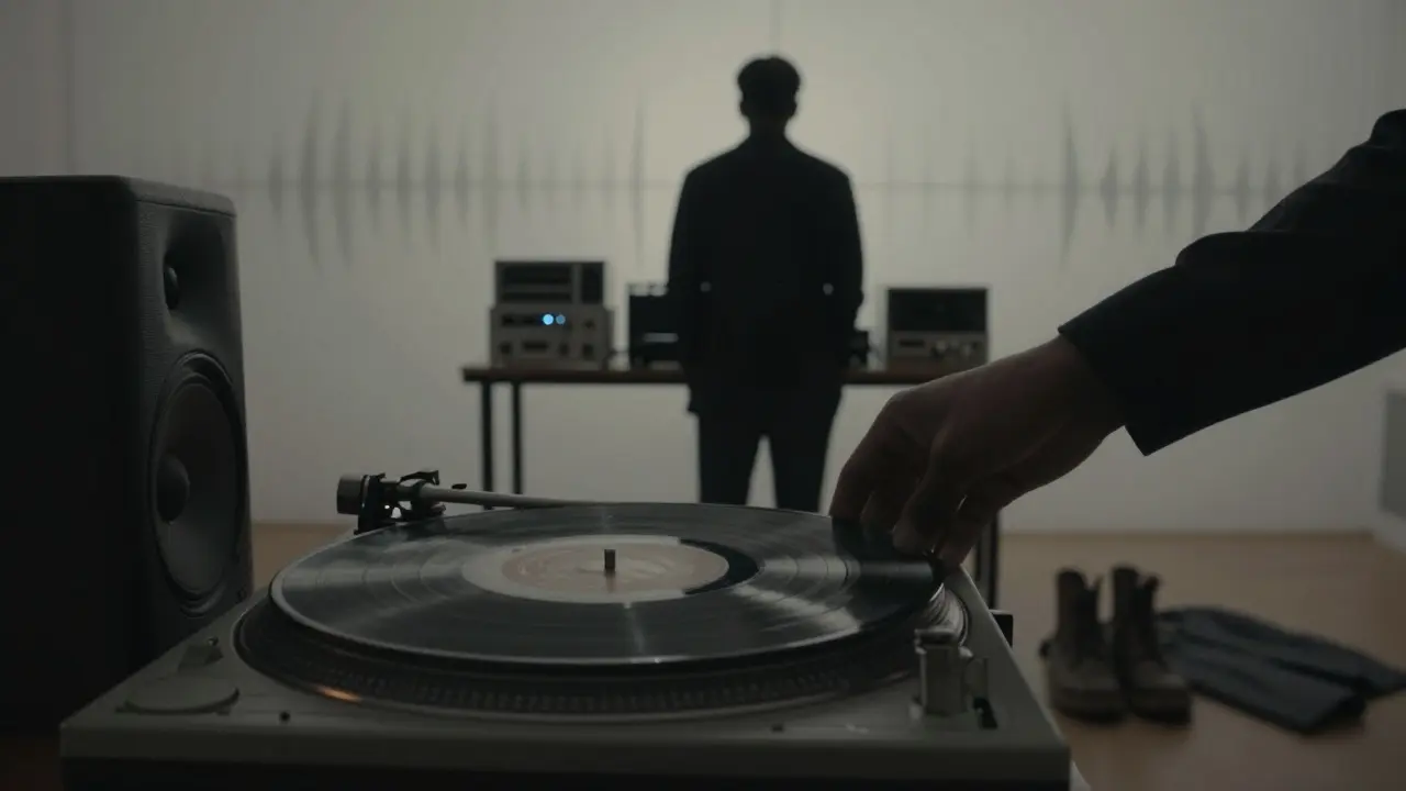 A hand placing a vinyl record on a turntable, surrounded by audio equipment in near darkness.