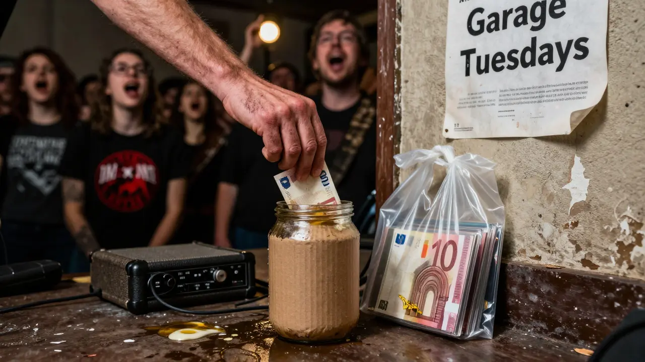 A hand placing cash into a donation jar beside handmade CDs, with blurred figures singing along in the background.