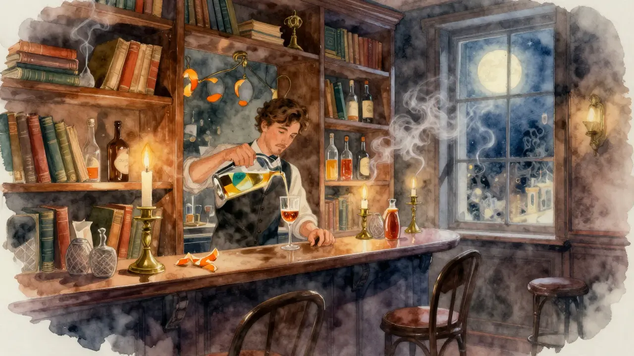 A hidden speakeasy behind bookshelves, lit by candlelight with absinthe being poured.