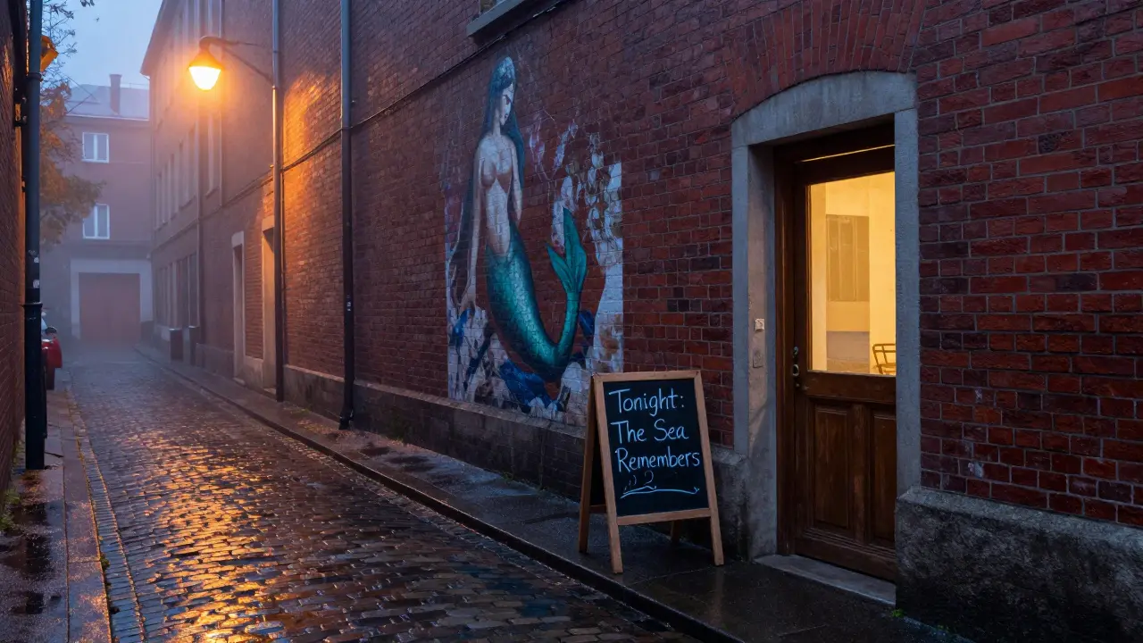 A hidden wooden door in a rainy alley beside a faded mermaid mural, with a chalkboard announcing the night's theme in the early morning light.