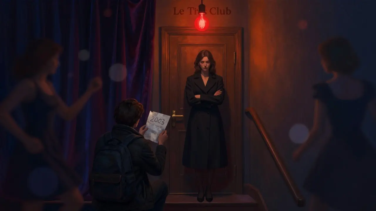 A mysterious club entrance guarded by a woman, a single red light above, traveler hesitating before stepping inside.