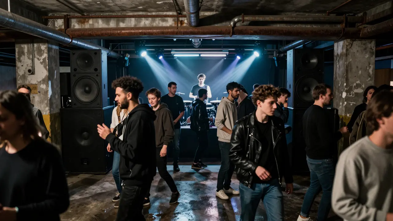 A packed underground club with strobe lights, exposed pipes, and a crowd lost in raw techno music.