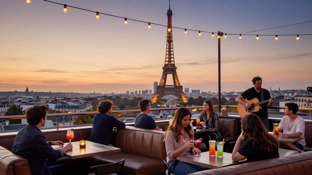 A rooftop bar at sunset in Paris with the Eiffel Tower in the distance, patrons sipping cocktails under twinkling string lights.