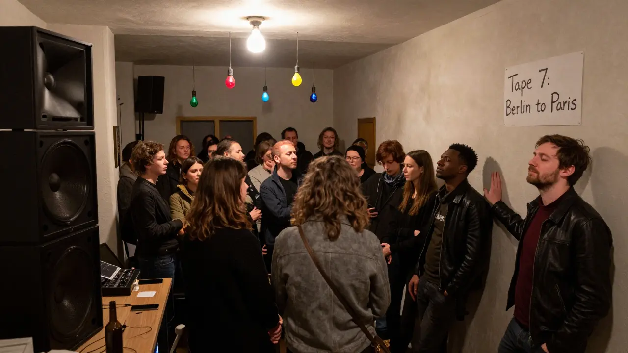 A silent crowd swaying upstairs in a dimly lit music space, no stage, just sound and shared stillness.