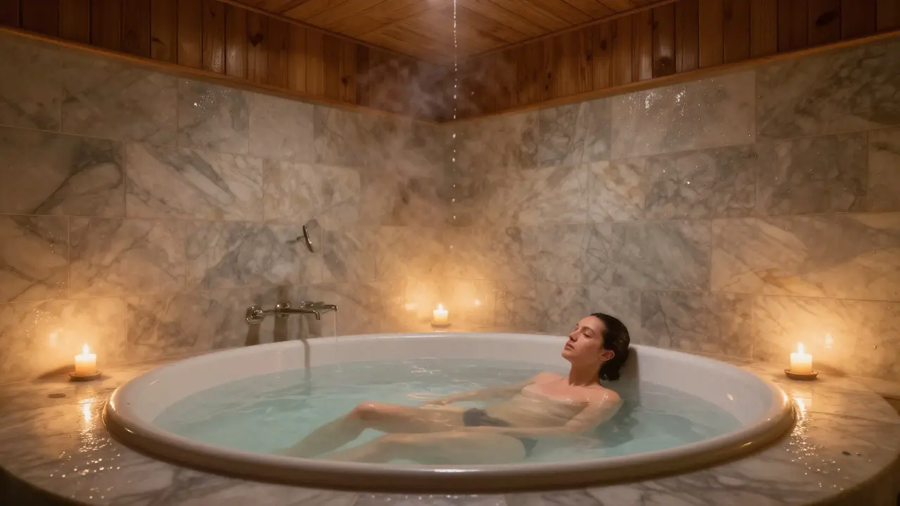 A solitary figure floating in a warm marble bath, steam curling around them in quiet darkness.