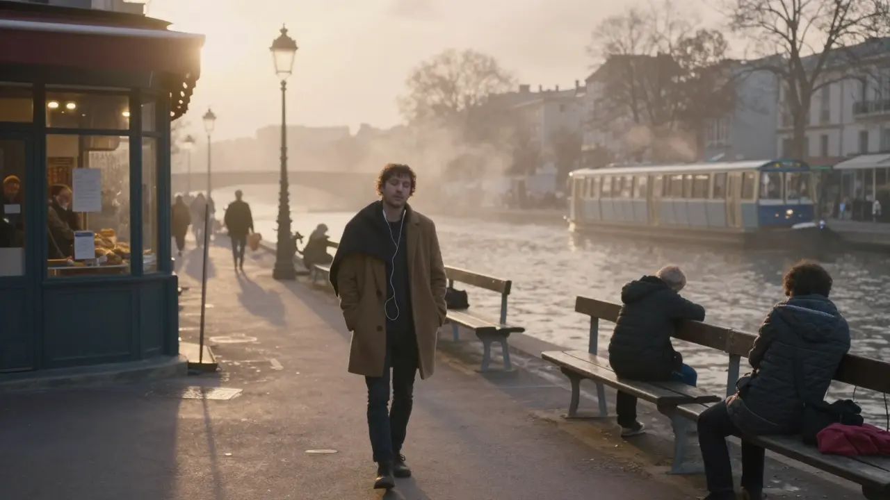 A tired reveler walks along a canal at dawn after a night at the club, morning light breaking over the water.
