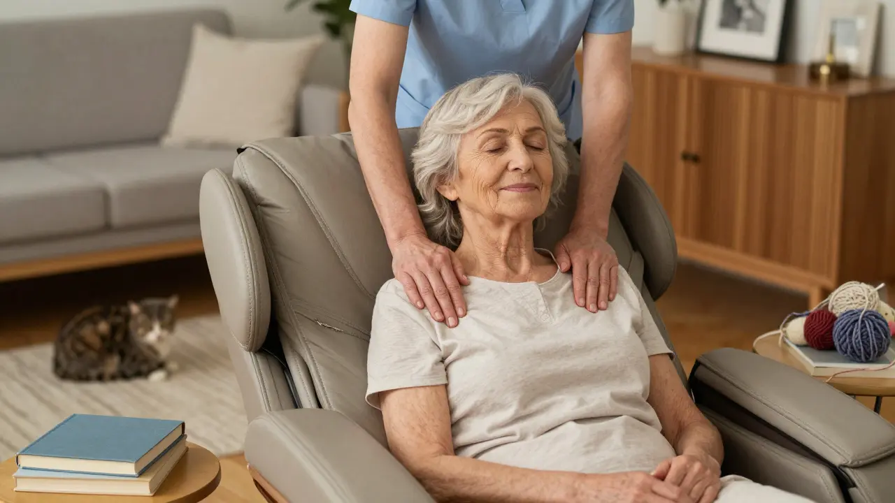 An elderly woman relaxed in a massage chair, therapist gently working on her shoulders.