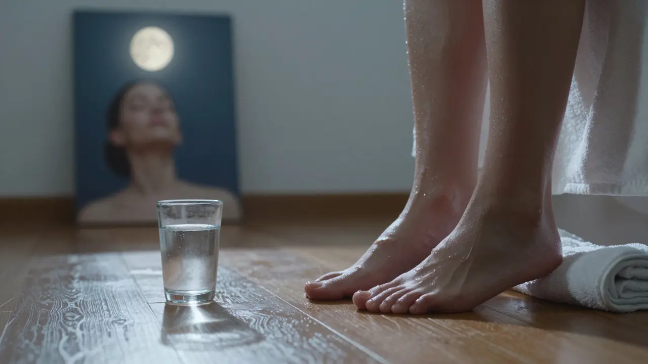 Bare feet on wooden floor after a massage, glass of water nearby, moonlight casting peaceful shadows, face visibly relaxed in reflection.