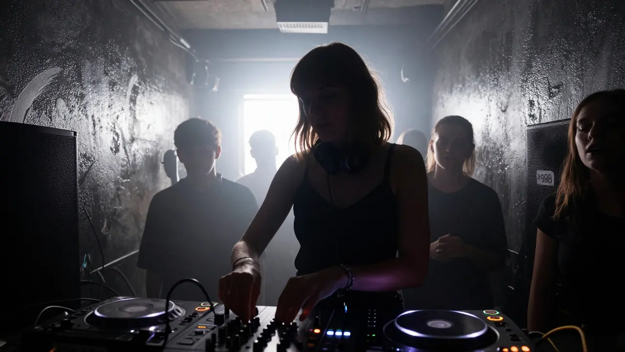 Charlotte de Witte performing industrial techno in a haze, crowd lost in rhythm under stark lighting.