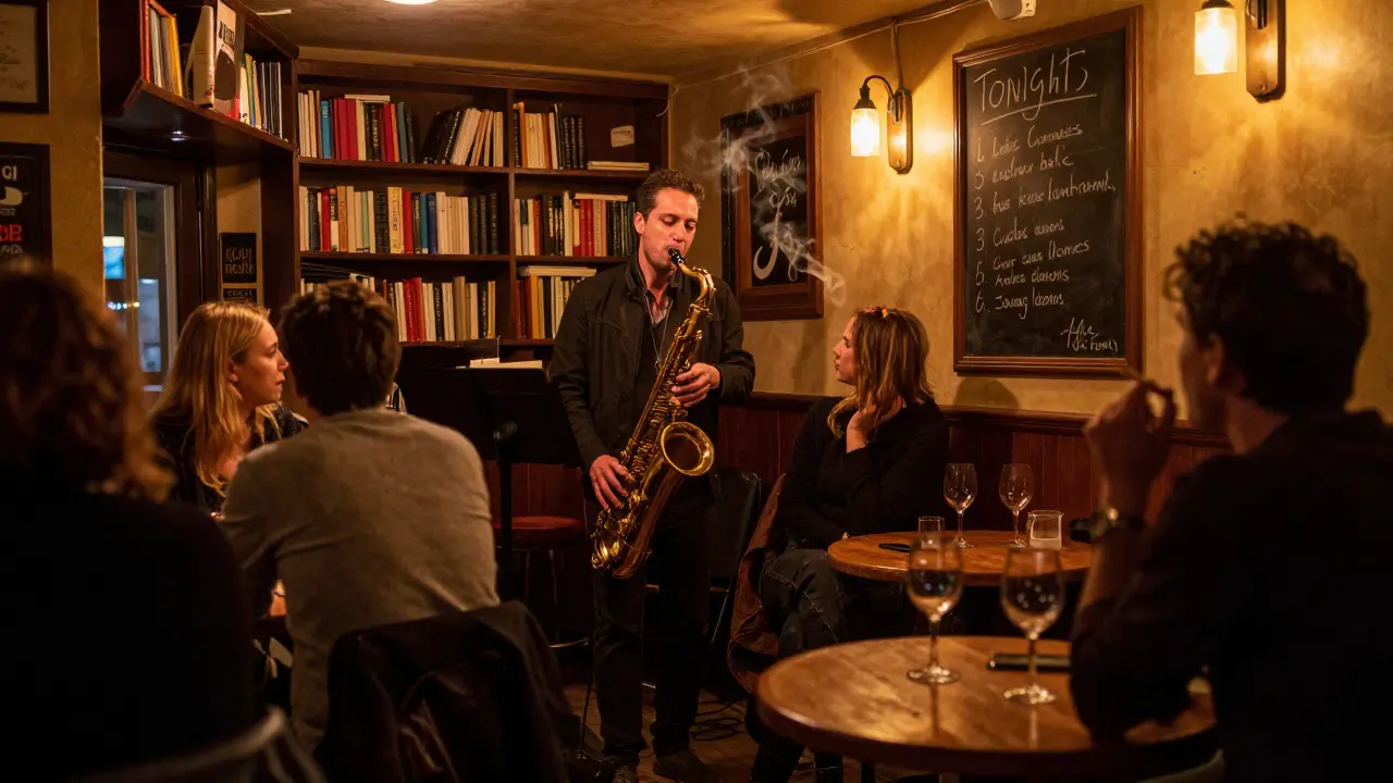 Cozy jazz bar interior with a saxophonist performing under warm, dim lighting.