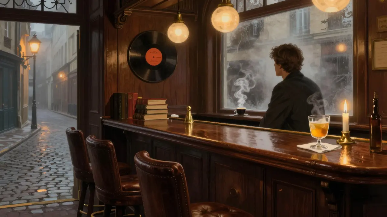 Cozy, wood-paneled Bar Hemingway with vintage jazz records and a single cocktail under soft candlelight.