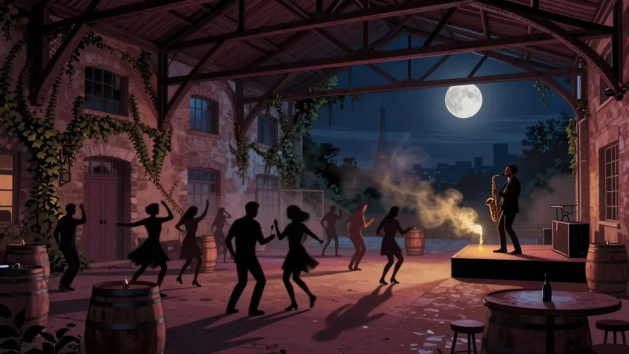 Dancers under the moonlight in La Bellevilloise’s open-air courtyard, industrial warehouse walls and Eiffel Tower in distance.