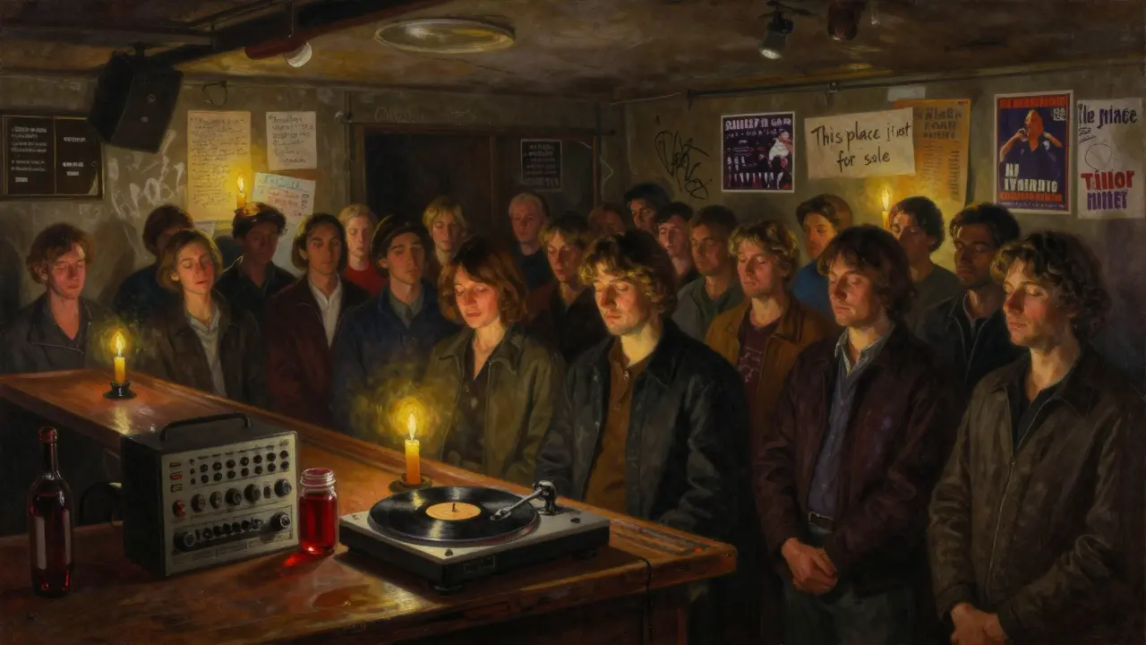 Dim basement club interior with people lost in music, candlelight on vinyl turntable and walls covered in handwritten art.