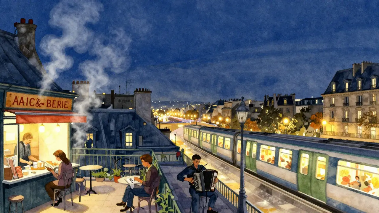 Dreamlike collage of Paris night scenes: kebab shop, bookstore, rooftop, musician, and metro.