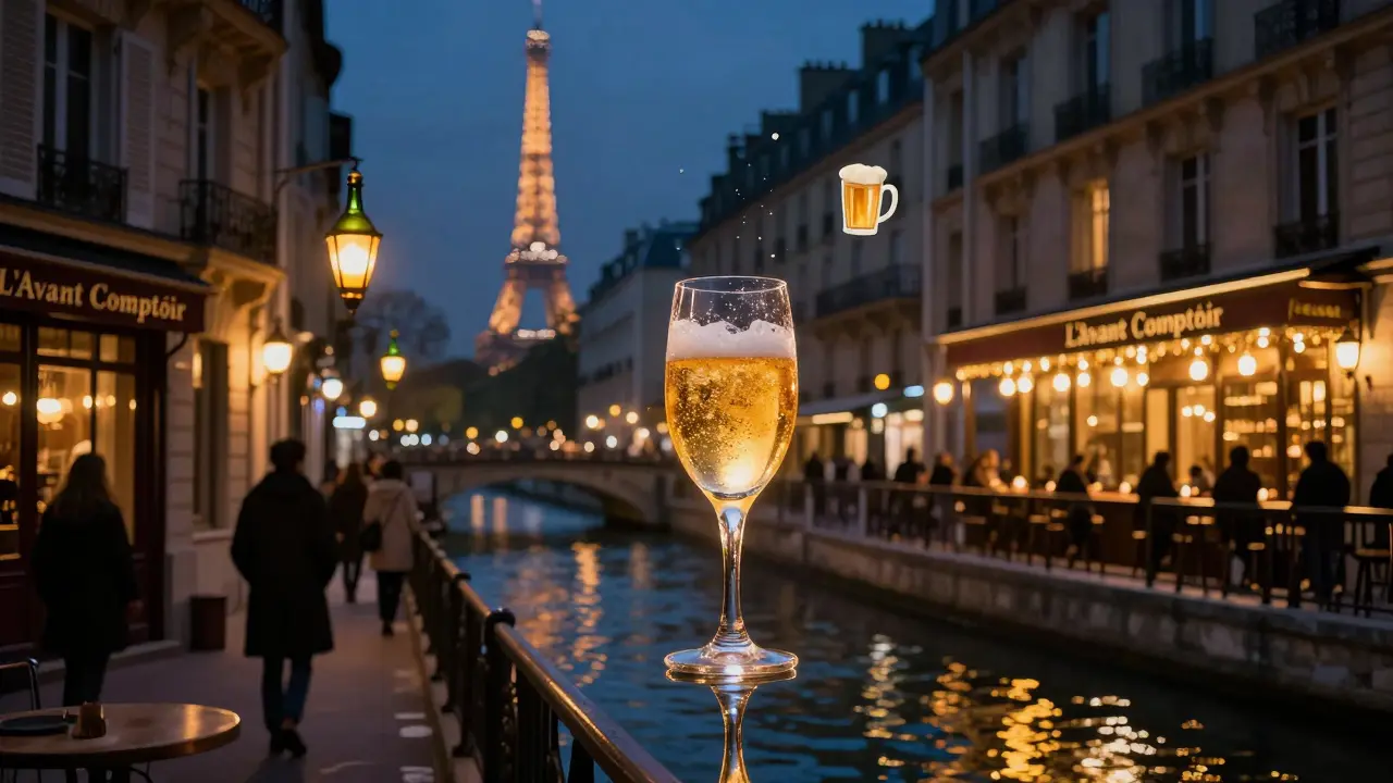 Floating Kir Royale above a canal at night, surrounded by lanterns shaped like drinks and quiet Parisian silhouettes.