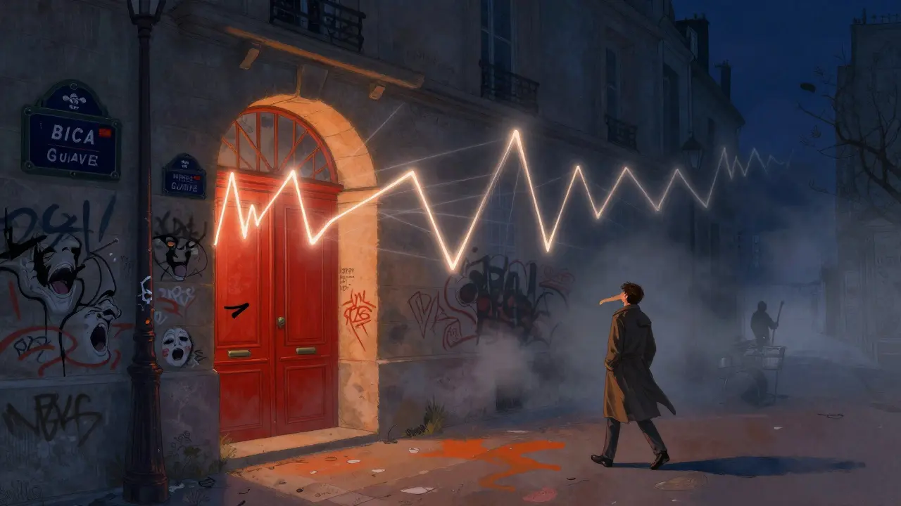 Glowing sound waves bursting from a hidden red door in a Paris alley, twisting the night into a surreal musical force.