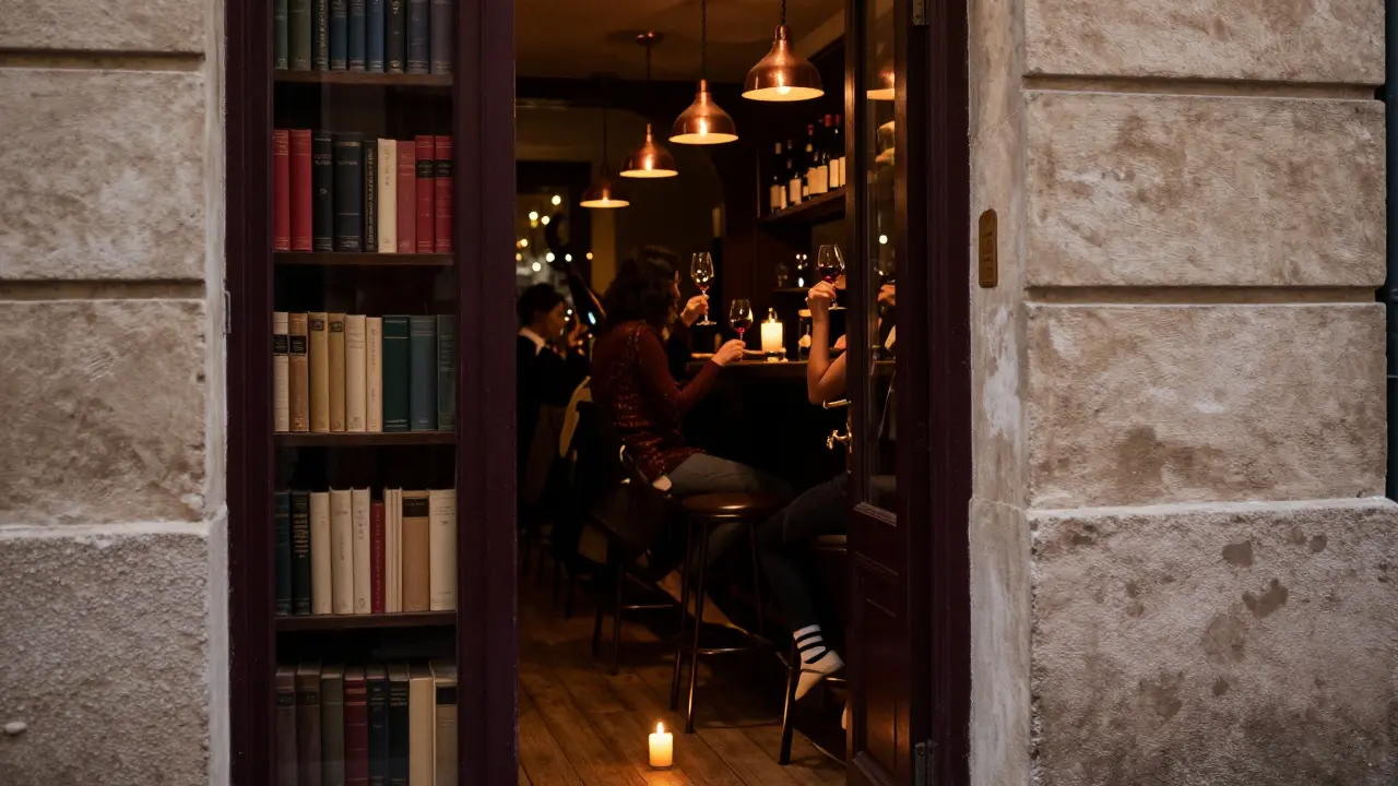 Hidden speakeasy entrance behind a bookshelf, candlelight revealing a cozy wine bar interior.