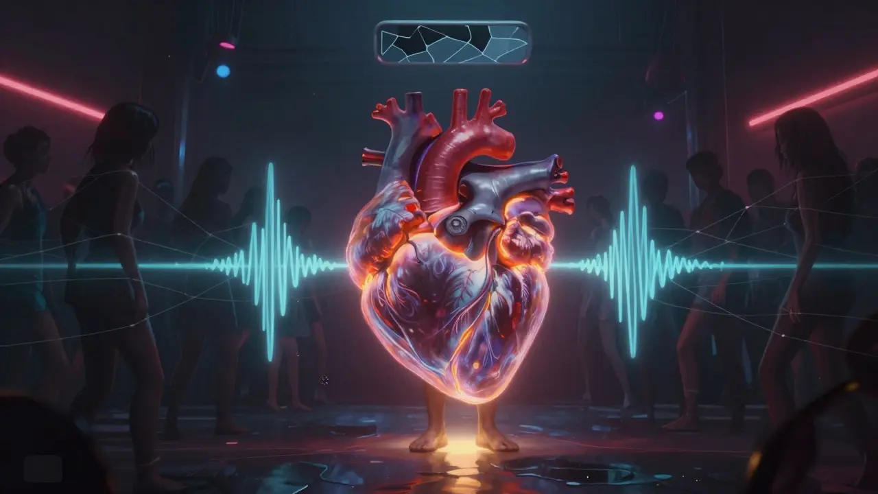 Human heart made of bass waves pulsing through a crowd, symbolizing raw human connection.
