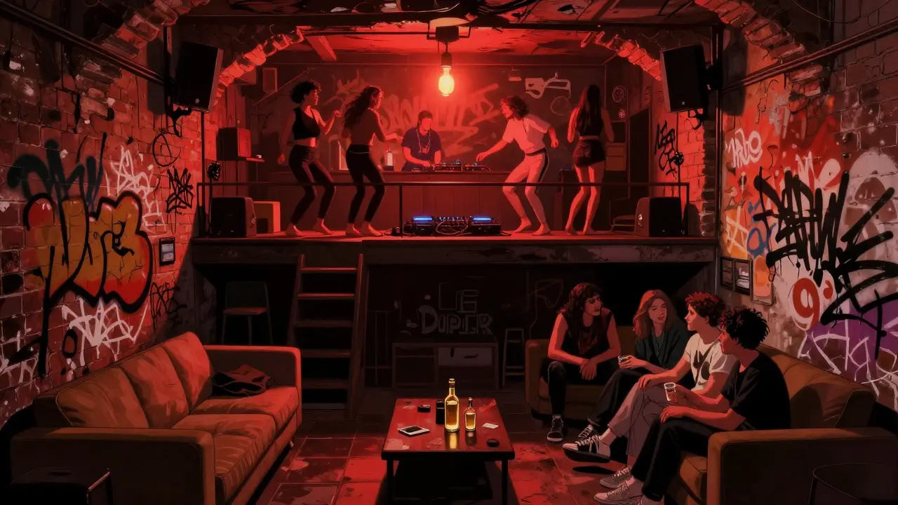 Inside Le Duplex club: people dancing barefoot on stage, dim red lights, graffiti walls, no VIP area, raw underground vibe.