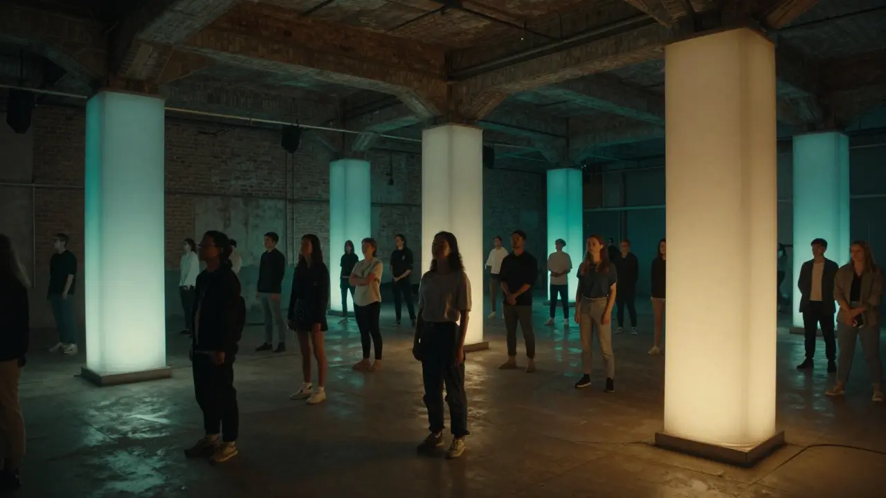 Inside T7 Paris, a calm crowd listens as sound waves ripple through dim, colored light.