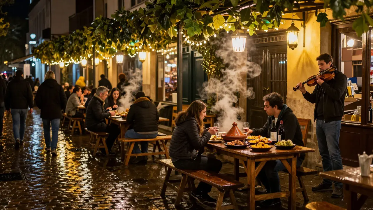 Night market under string lights with people dining and a violinist playing nearby.