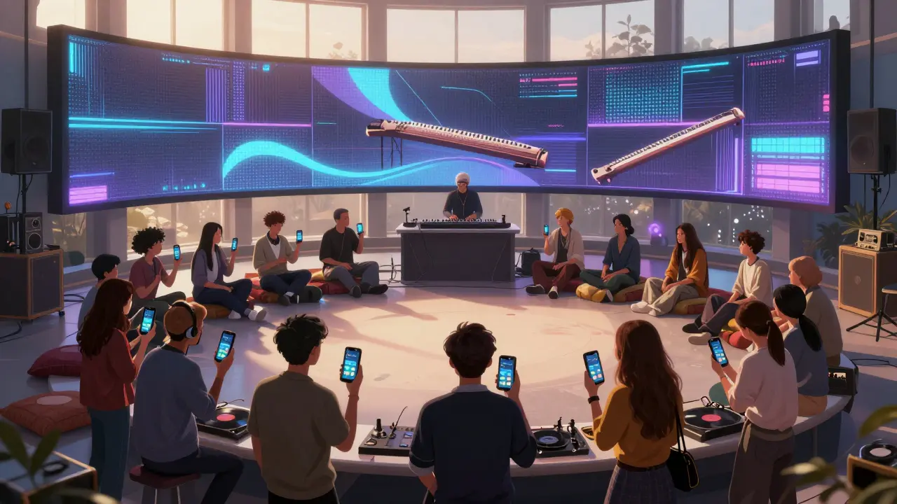 People voting live on music tracks at T7 Paris's Sound Lab night with glowing screens.