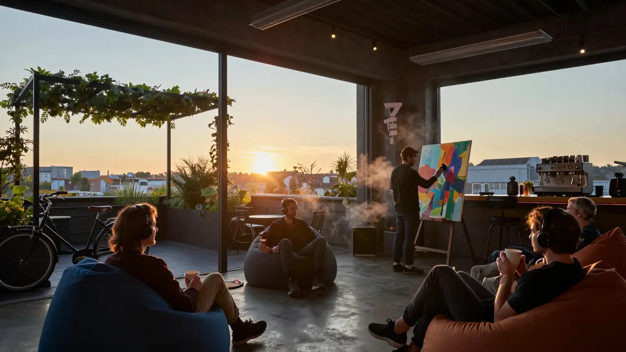 Sunrise at T7 Paris with patrons enjoying coffee and ambient music as daylight enters.