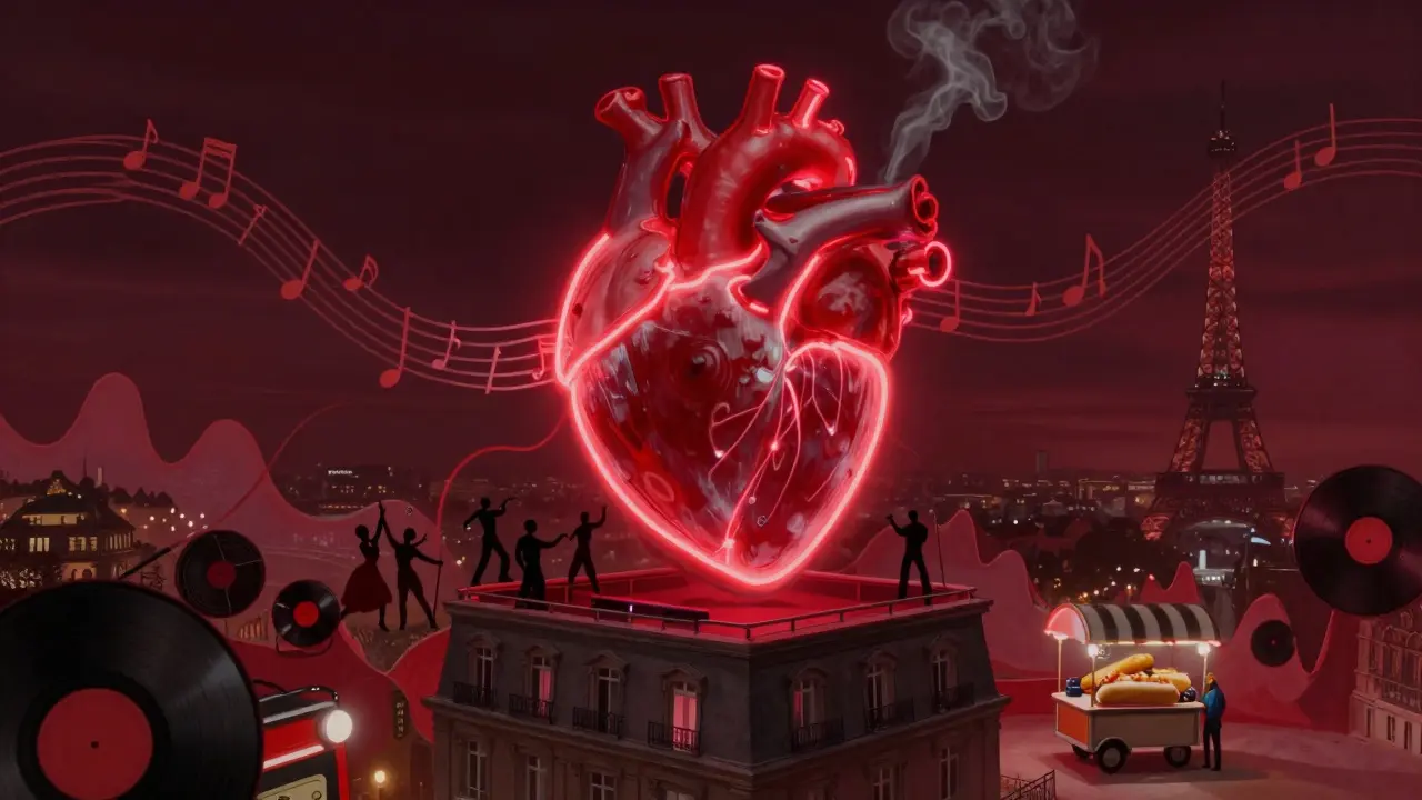 Surreal glowing neon heart above Le Duplex, music waves connecting dancers and food carts, Paris skyline fading in background.