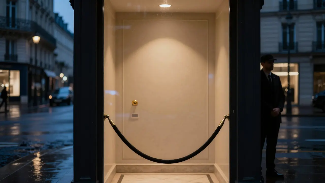 The quiet entrance of Matignon Paris at night, velvet rope lowered, golden interior glow contrasting with a rainy Parisian street outside.