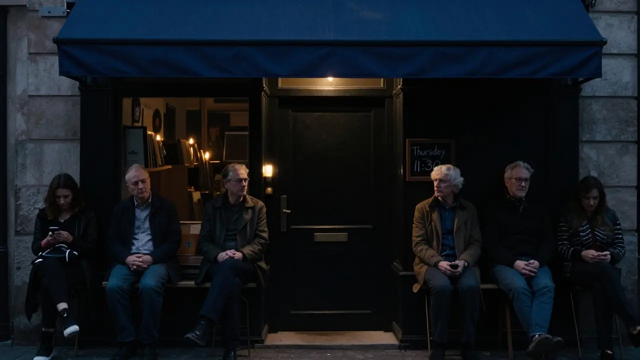 The unmarked black door of Le Duplex at night, with a quiet line of people waiting above a laundromat.