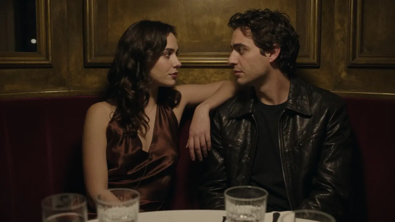 Two elegantly dressed individuals in a quiet booth at Matignon Paris, lost in conversation under soft, intentional lighting.
