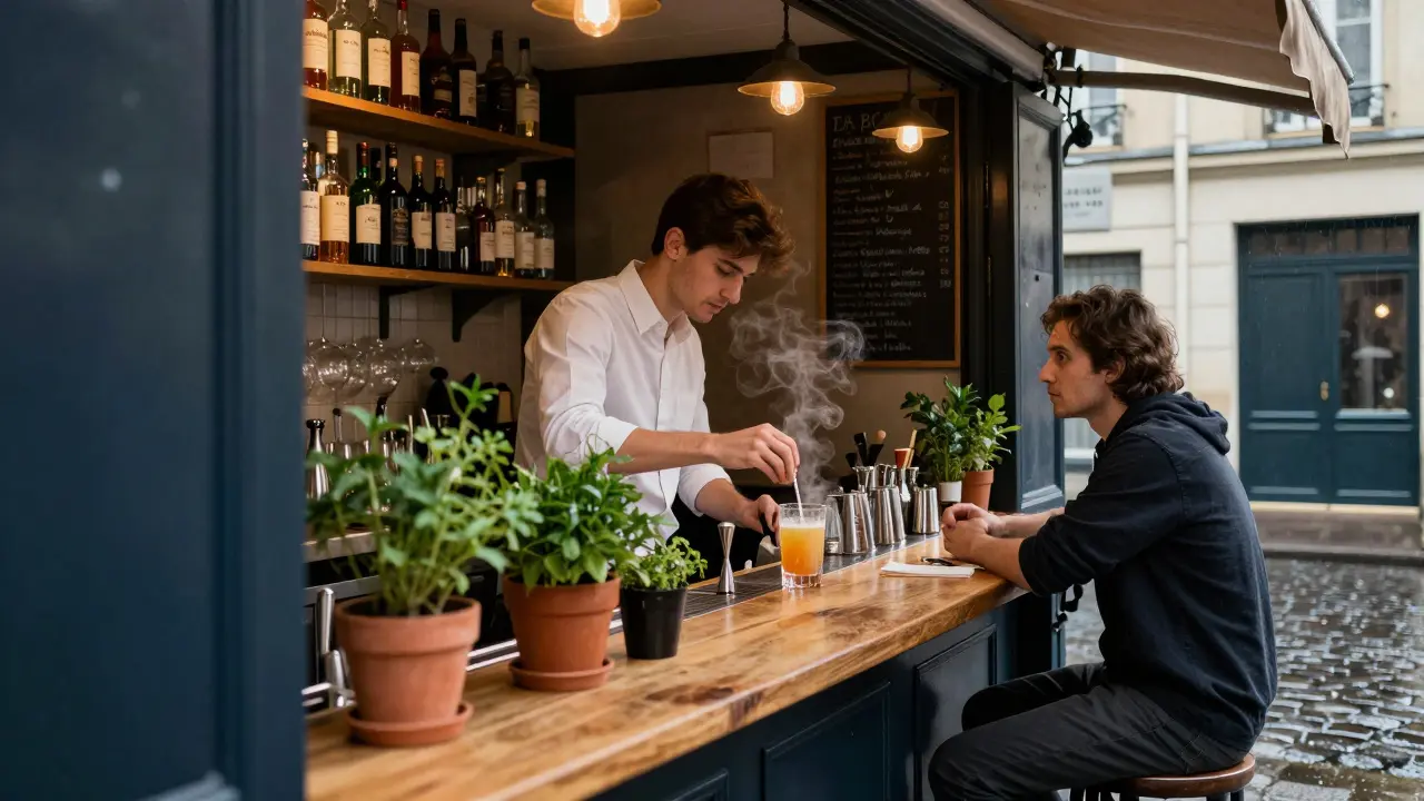 A bartender making a cocktail with fresh herbs at a hidden Parisian bar, soft lighting and intimate atmosphere.