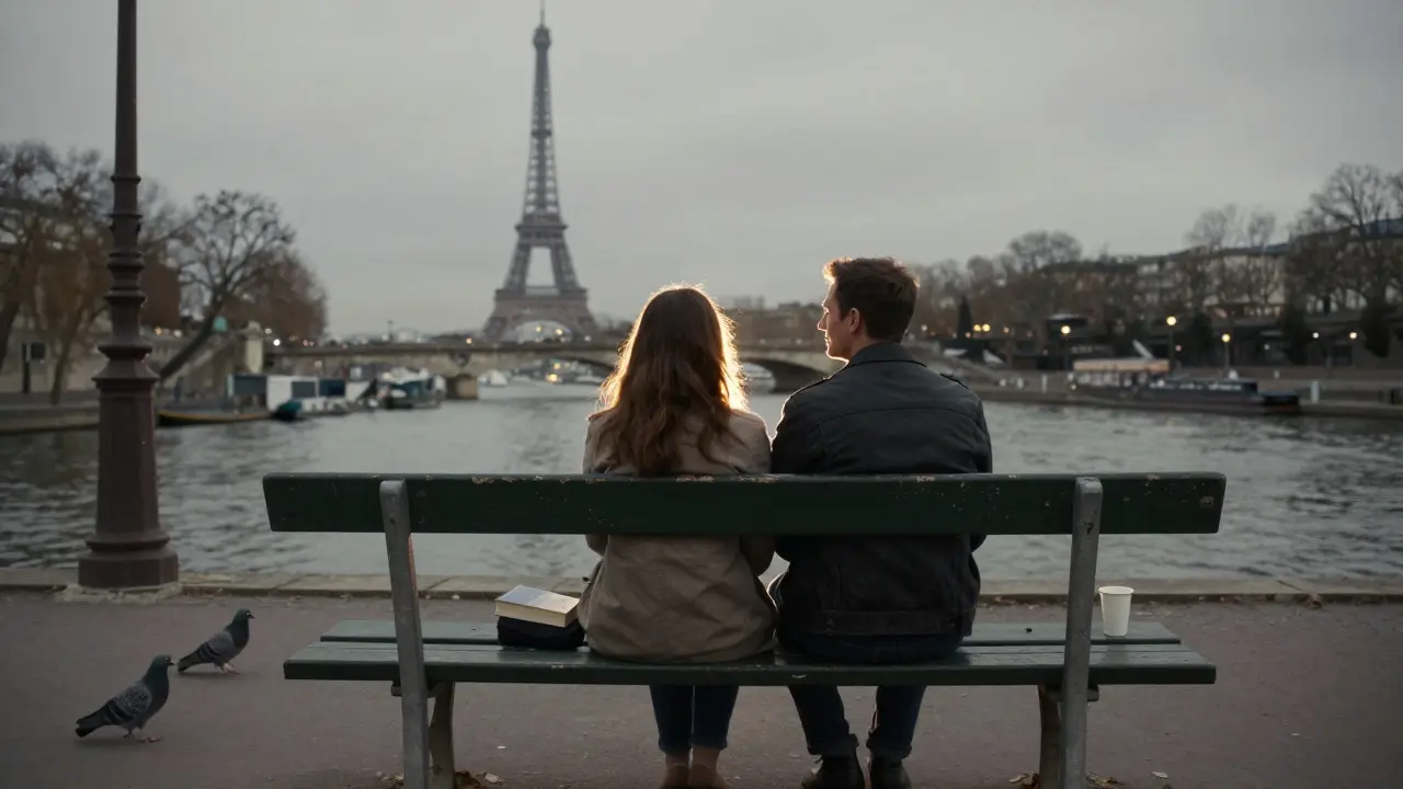 A couple sitting quietly on a bench by the Seine, Eiffel Tower sparkling faintly in the distance.