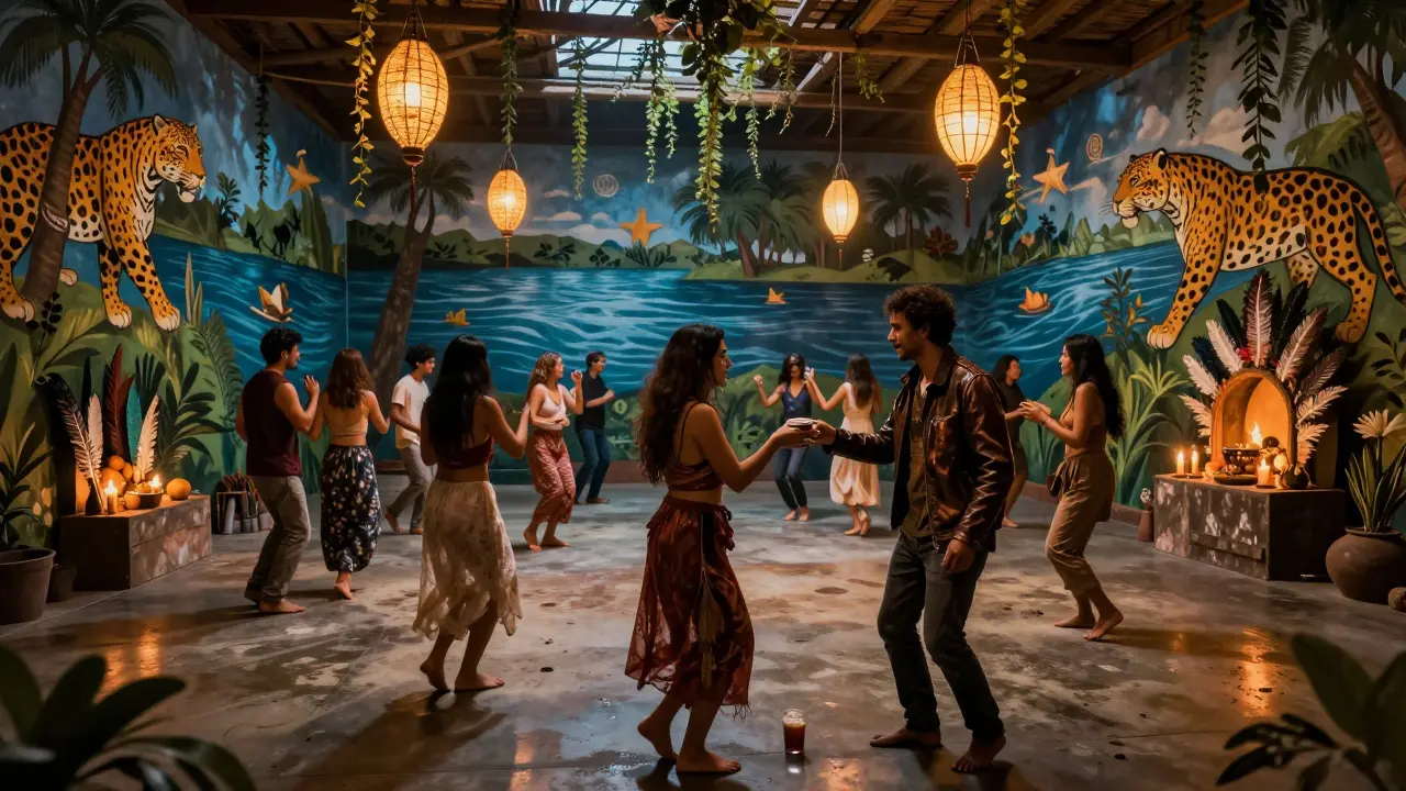 A diverse crowd dances barefoot in a dim, vine-covered warehouse filled with murals and glowing lanterns at Pachamama.