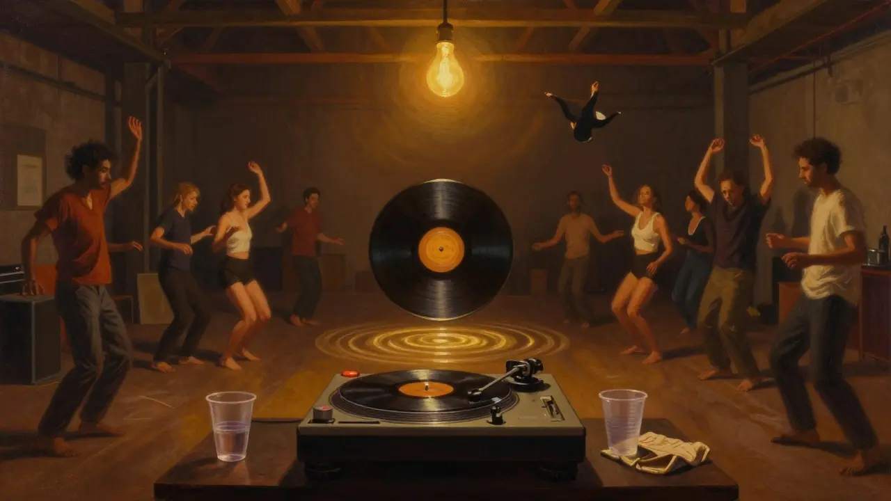 A lone dancer surrounded by others in a warehouse, a glowing vinyl record floating above the turntable, warm golden tones.