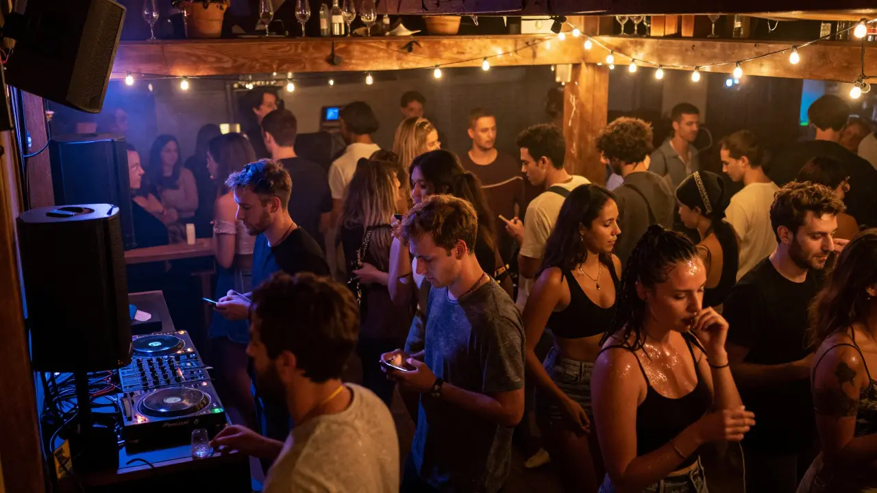 A packed, dimly lit dance floor at Le Duplex with people moving to music, no phones in sight.