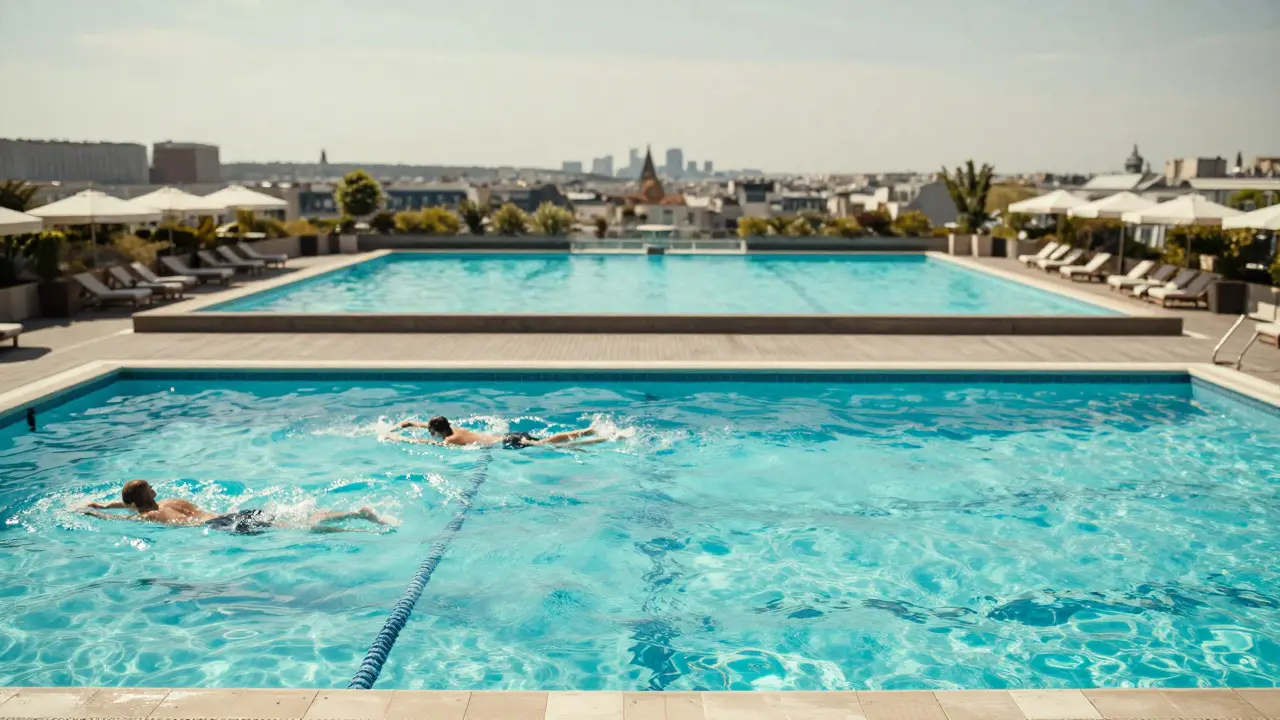 A quiet public pool with locals swimming contrasted against a vibrant rooftop pool in the distance.