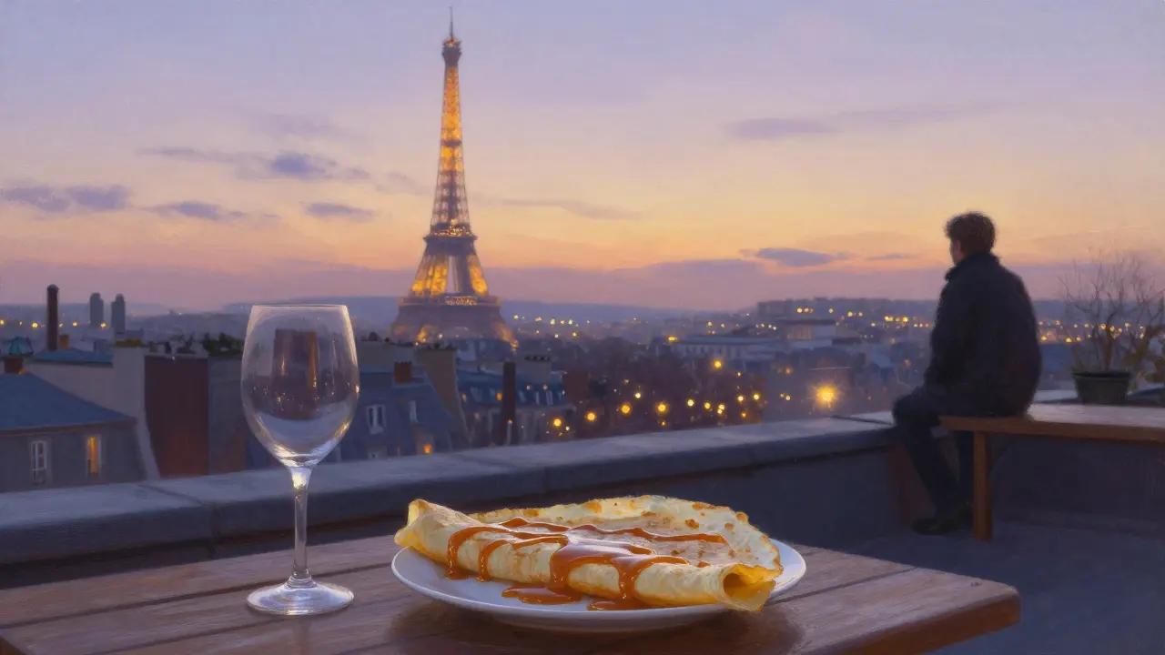 A quiet rooftop terrace in Montmartre at dawn, with the Eiffel Tower in the distance and a crêpe on the table.