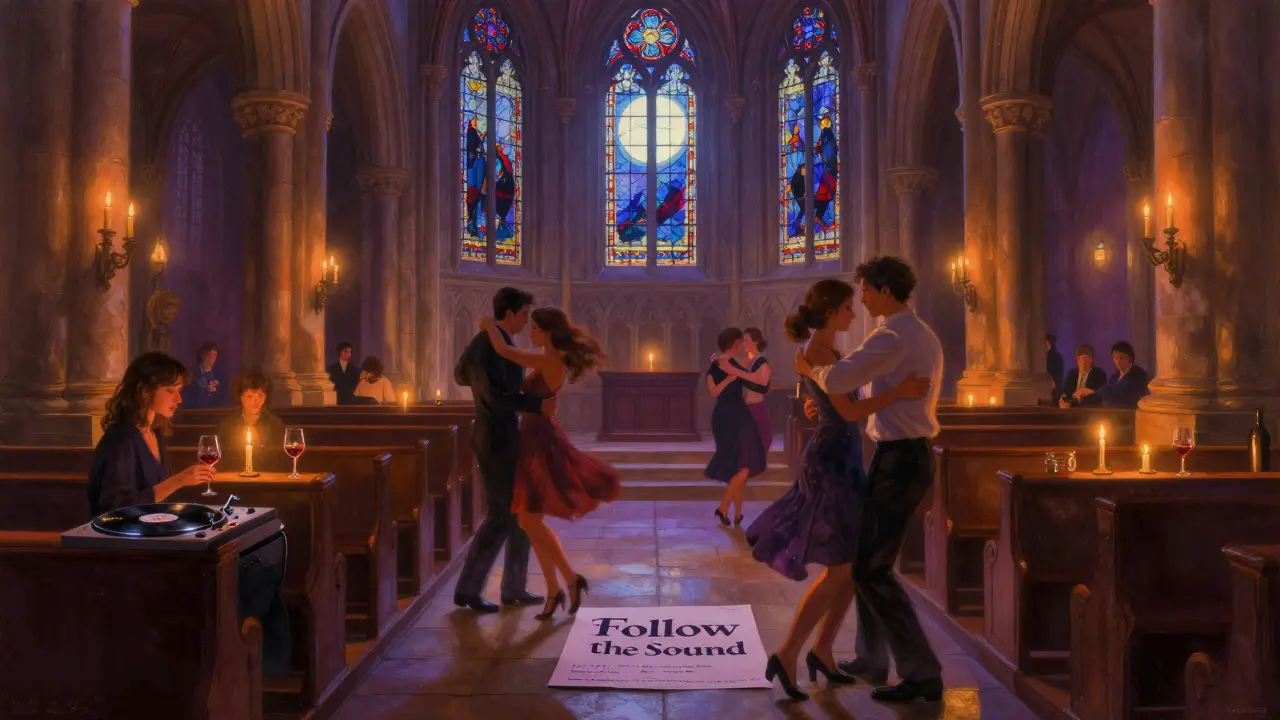 A secret afterparty in a candlelit historic chapel with dancers and wine.