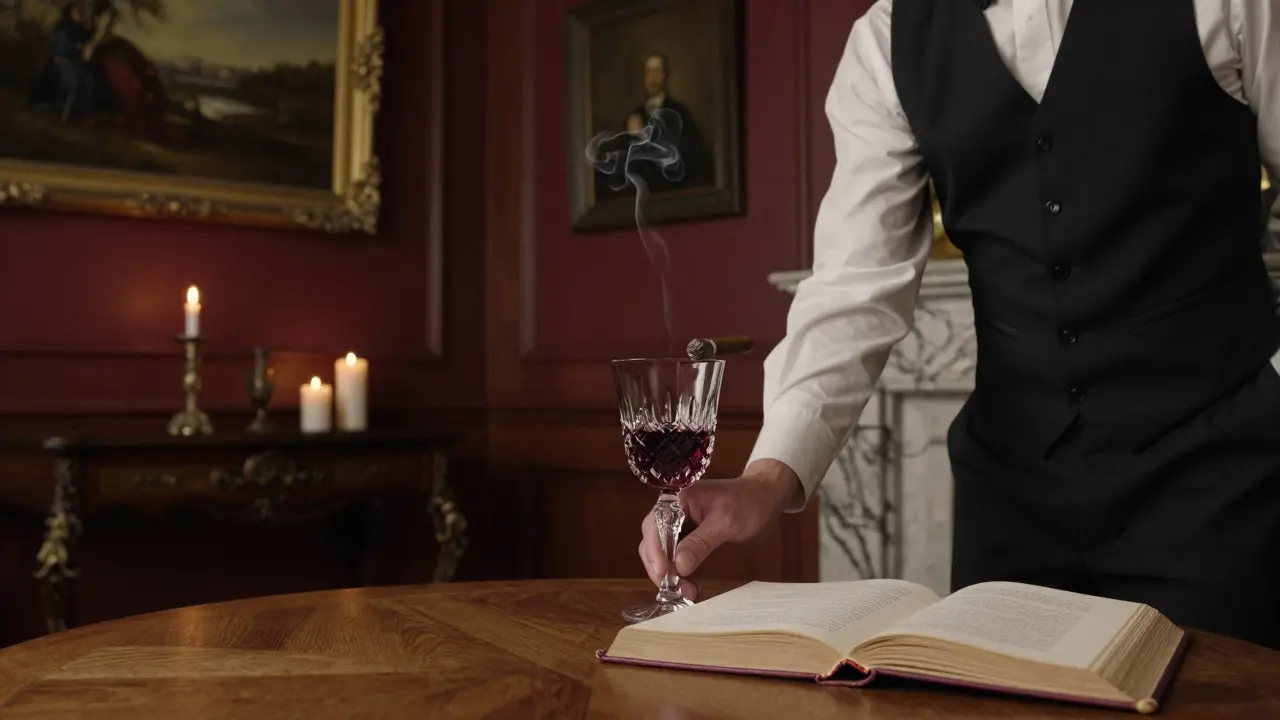 A server placing a glass of wine on a wooden table beside an open French poetry book in a candlelit private room