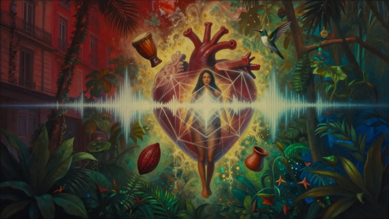 A symbolic heart of soundwaves and cultural elements radiates warmth, representing the soulful essence of Pachamama.