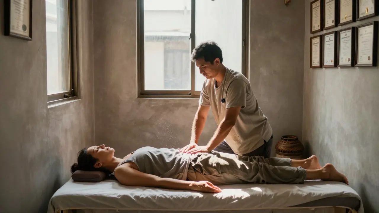 A Thai massage session in progress, with a therapist using acupressure and stretching techniques on a clothed client in a minimalist room.