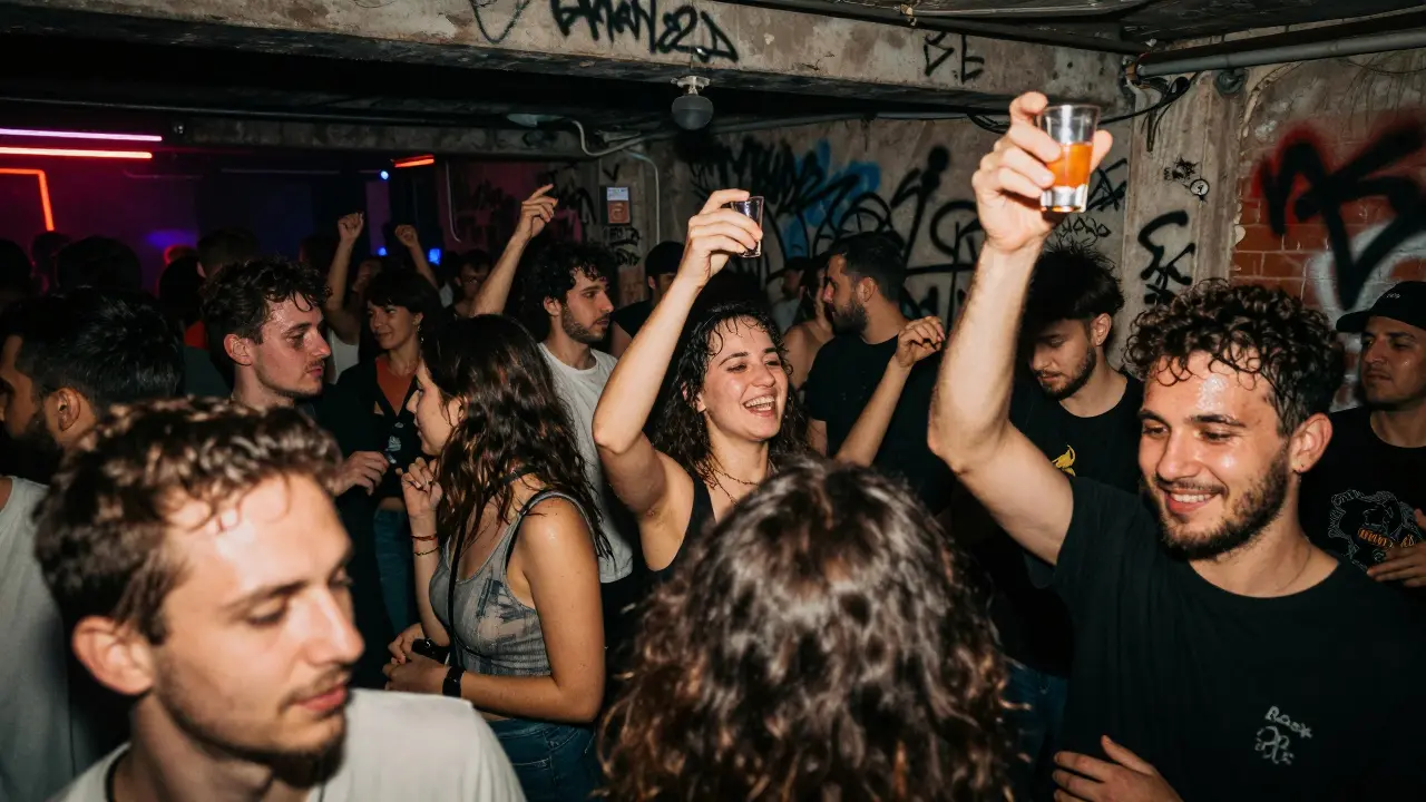 A vibrant underground club in Oberkampf with dancers moving to house music under flashing lights and neon signs.