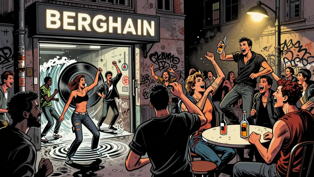 A wild crowd dancing outside Berghain club in Berlin, with bass waves and streetlights illuminating the scene.