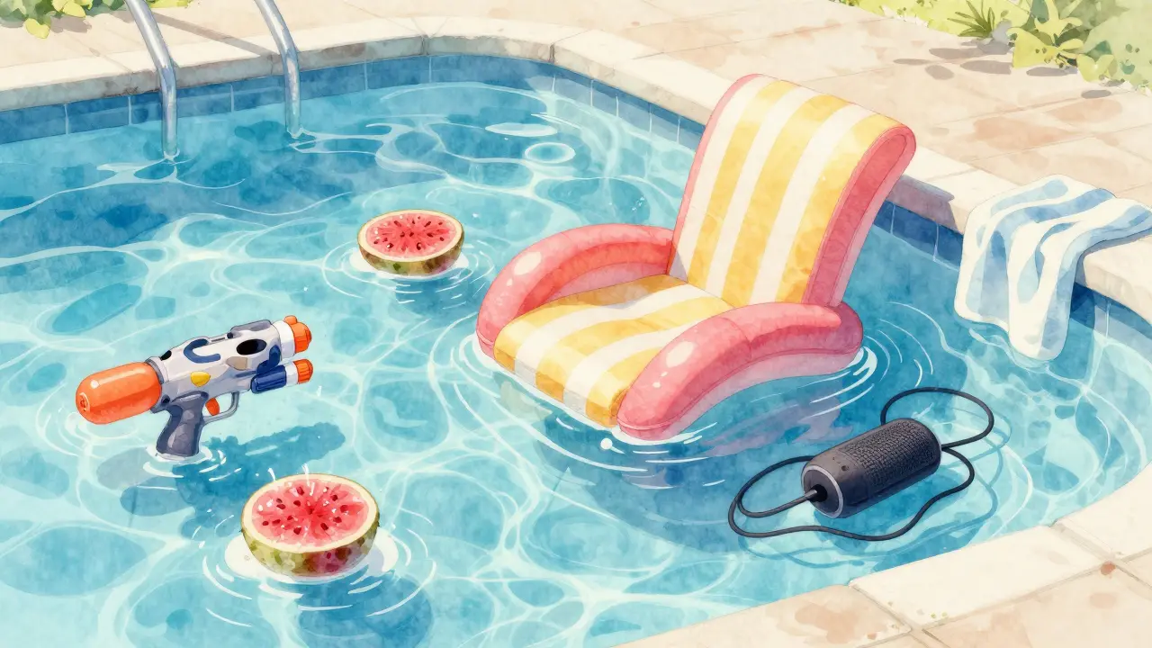 Abstract watercolor of pool party essentials: floaties, speaker, drinks, and sunlight, evoking summer joy.